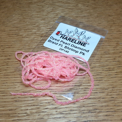 Hareline Dyed Pearl Diamond Braid Fl Pink Shrimp AVAILABLE AT TROUTLORE FLY TYING STORE AUSTRALIA