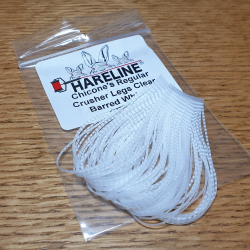 Chicone’s Crusher Legs Regular Clear Barred White  AVAILABLE AT TROUTLORE FLY TYING STORE AUSTRALIA