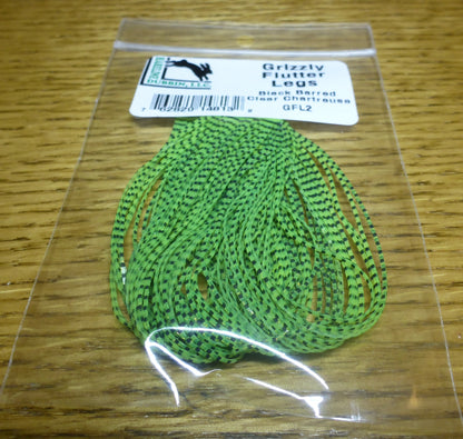 Grizzly Flutter Legs Black Barred Clear Chartreuse AVAILABLE AT TROUTLORE FLY TYING STORE AUSTRALIA