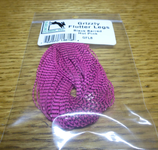 Grizzly Flutter Legs Black Barred Hot PInk AVAILABLE AT TROUTLORE FLY TYING STORE AUSTRALIA