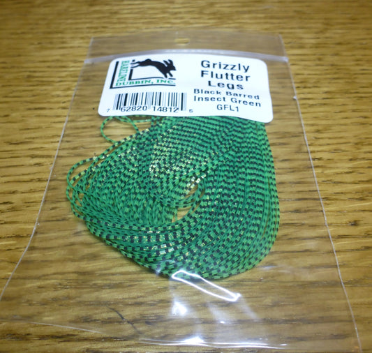 Grizzly Flutter Legs Black Barred Insect Green AVAILABLE AT TROUTLORE FLY TYING STORE AUSTRALIA