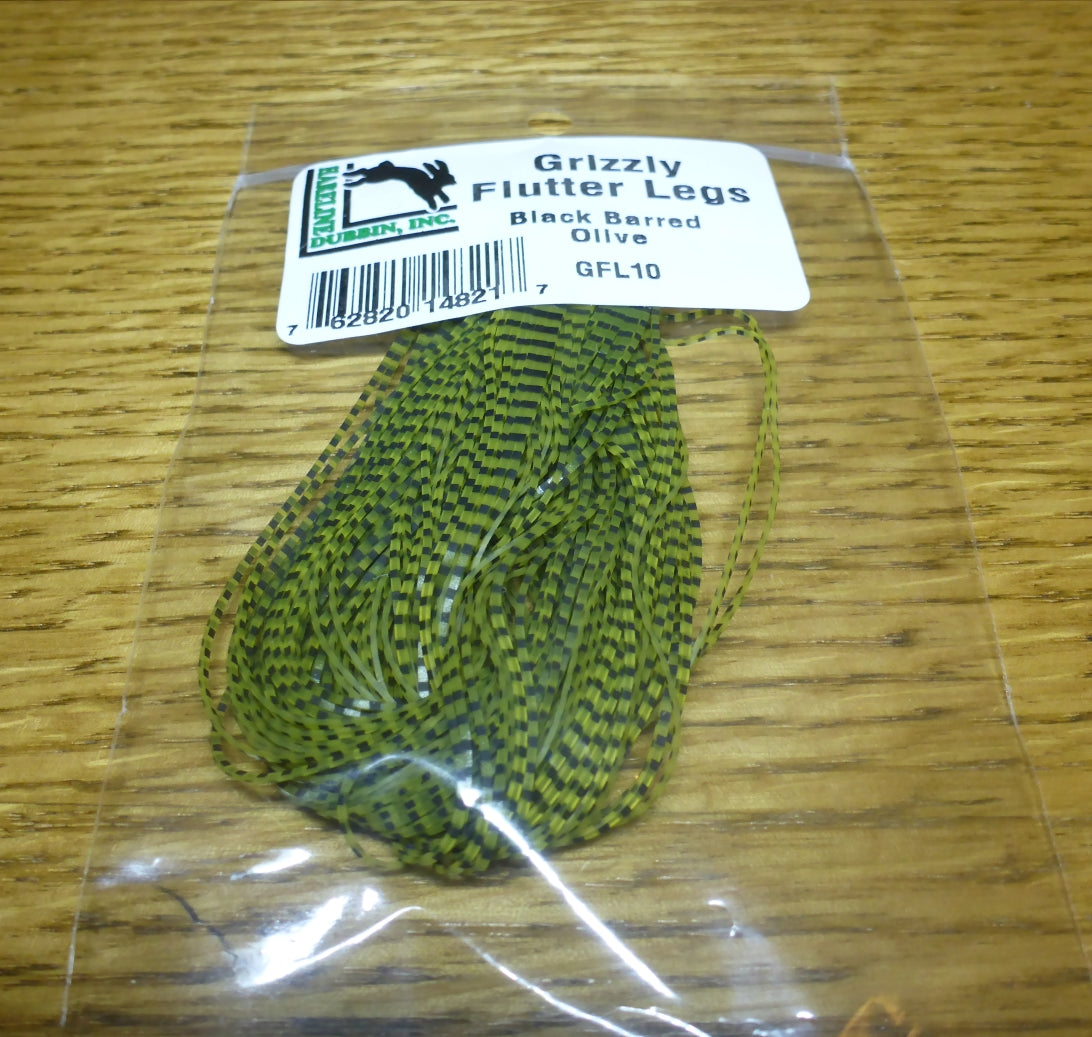 Grizzly Flutter Legs Black Barred Olive AVAILABLE AT TROUTLORE FLY TYING STORE AUSTRALIA