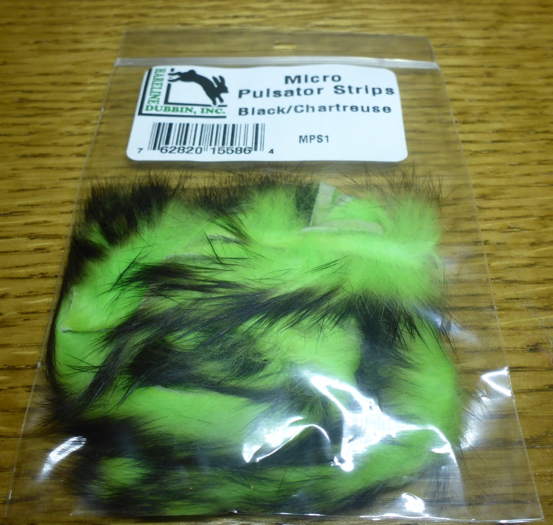 Hareline Micro Pulsator Strips Black over Chartreuse AVAILABLE AT TROUTLORE FLY TYING STORE AUSTRALIA