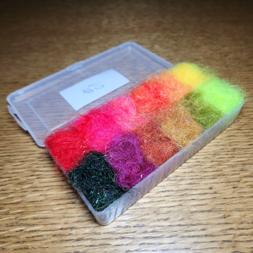 CHUCK'N'DUCK ELECTRIC SEAL DUBBING 12 COLOUR BOX AVAILABLE FROM TROUTLORE FLY TYING STORE AUSTRALIA