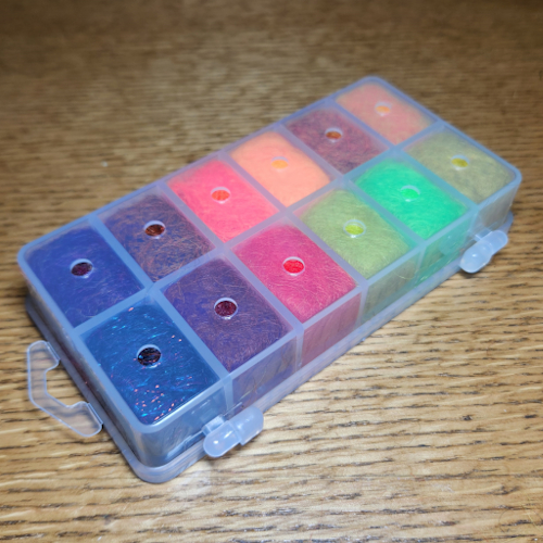 CHUCK'N'DUCK ELECTRIC SEAL DUBBING 12 COLOUR BOX AVAILABLE FROM TROUTLORE FLY TYING STORE AUSTRALIA