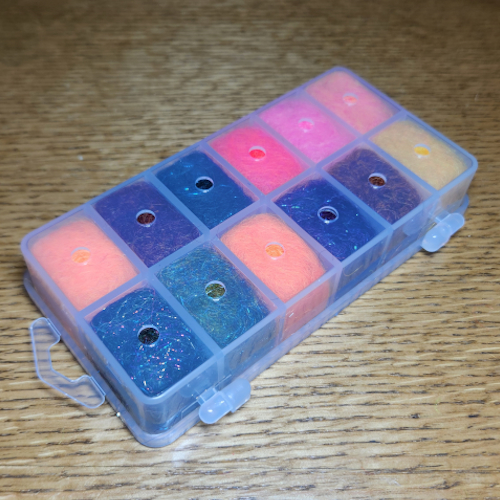 CHUCK'N'DUCK ELECTRIC SEAL DUBBING 12 COLOUR BOX AVAILABLE FROM TROUTLORE FLY TYING STORE AUSTRALIA